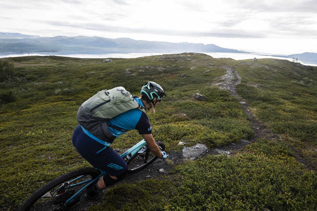 Steffi Marth mountain biking near BjÃ¶rkliden in Swedish Lapland.