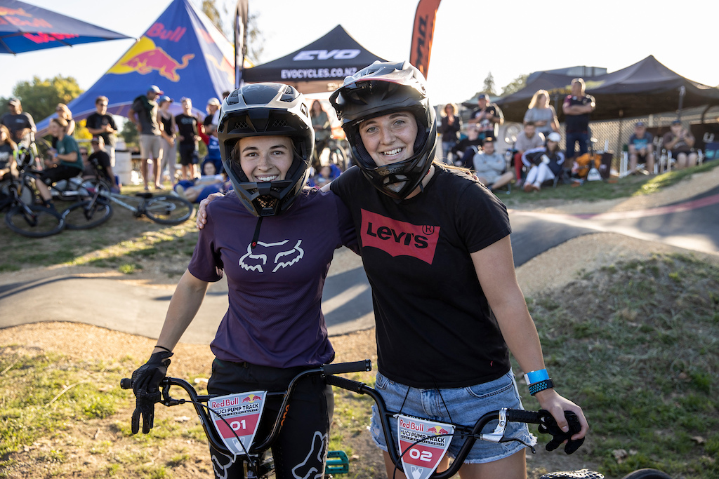 Megan Williams and runner up, Rebecca Petch at the Red Bull UCI Pump Track World Championships Qualifier in Cambridge, New Zealand on March 20, 2021