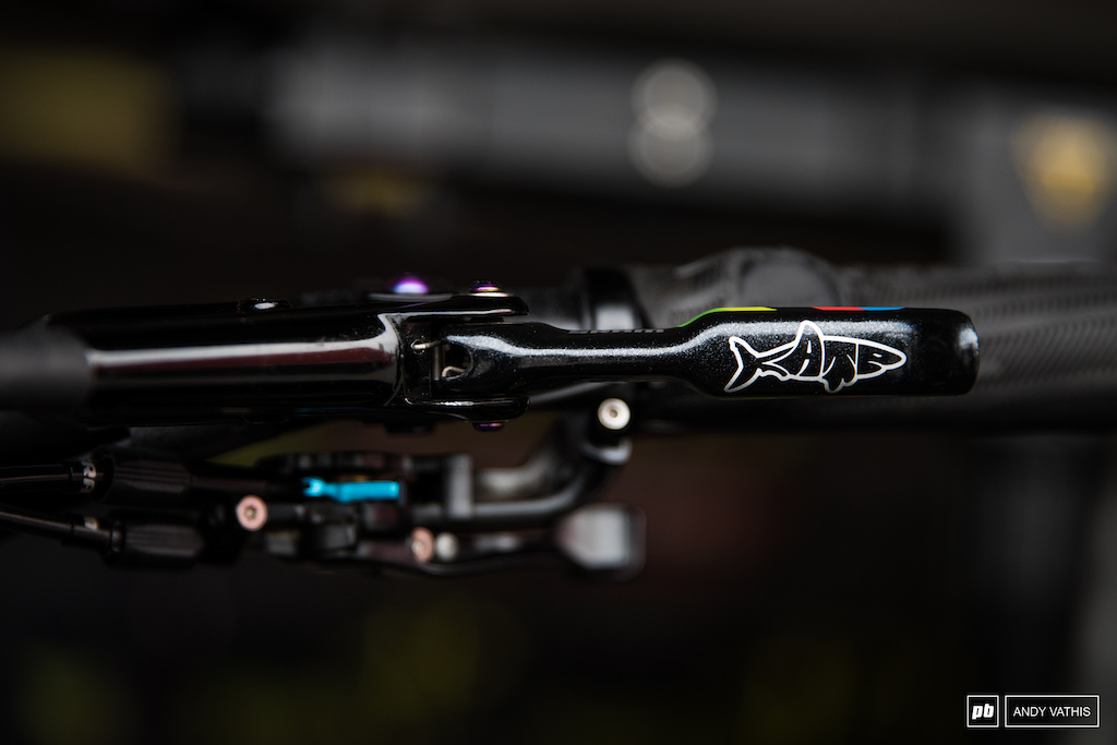 Kate Courtney s brake levers complete with the shark and some sparkle in paint.