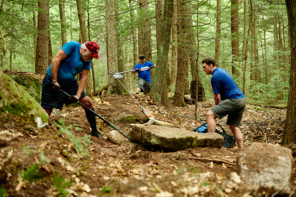 Trail work on a new Upper Valley Mountain Bike Association trail sponsored by a Cabot Cheese through a naming grant underwritten by Vermont Mountain BIke Association. Photo By Bear Cieri