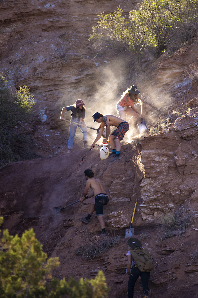 Carson Storch Jess Blewitt Vinny Armstrong and their diggers work on a line at Red Bull Formation in Virgin Utah USA on 25 May 2021.
