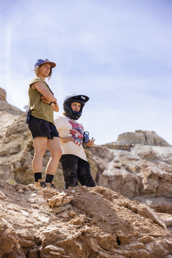 Michelle Parker and Jess Blewitt scope out a feature at Red Bull Formation in Virgin, Utah, USA on 29 May, 2021.