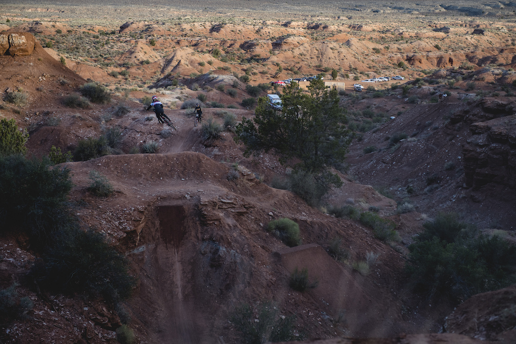 Casey Brown, Hannah Bergemann warm up on the drop to step-up on ride day 1 at Red Bull Formation in Virgin, Utah, USA on 29 May, 2021