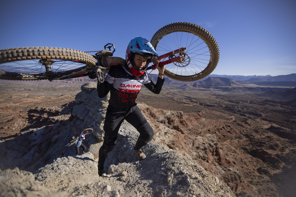 Casey Brown leads Hannah Bergemann up the ridgeline to the top of their line at Red Bull Formation in Virgin, Utah, USA on 30 May, 2021.