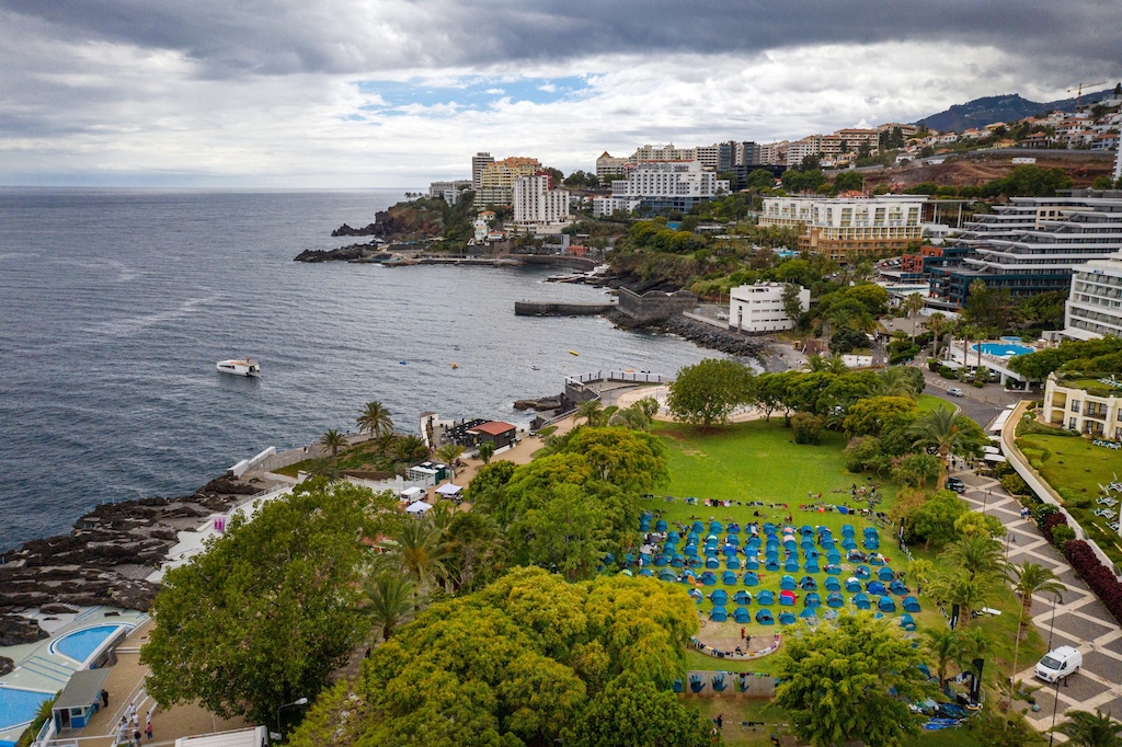 The day ended down by the sea front in the capital of Funchal. Gone is the sand and beach of day 1s camp and replaced with nice clean grass. Trans Madeira 2021 Spring edition. D2. Jacob GIbbins