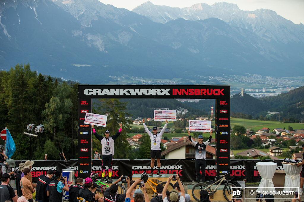 Tomas Lemoine, Chaney Guennet and Niels Bensink on the box of the Rock Shox Pumptrack Race