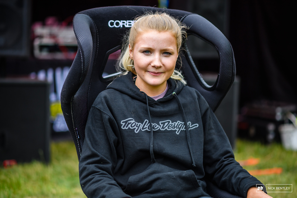 The Elite womens winner Corinna Brisbourne chilling out in the Pinkbike hotseat.