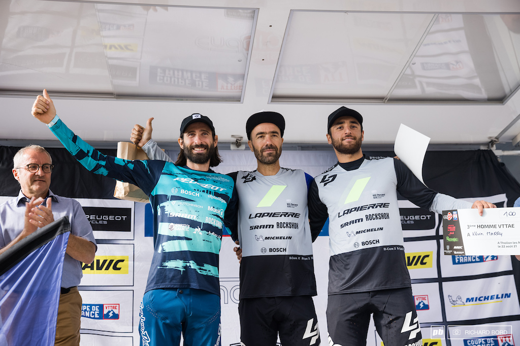 Podium of the E-MTB French Cup 3 1st Nico Vouilloz 2nd Yannick Pontal 3rd Kevin Marry