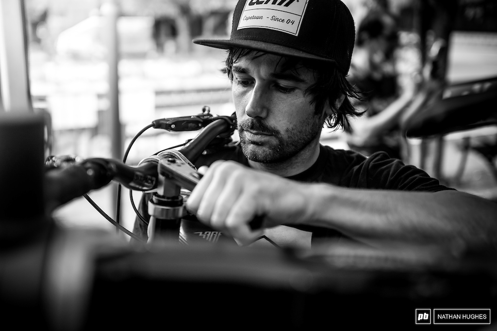 Team manager Ben Reid on the tools himself over at the Propain pits.