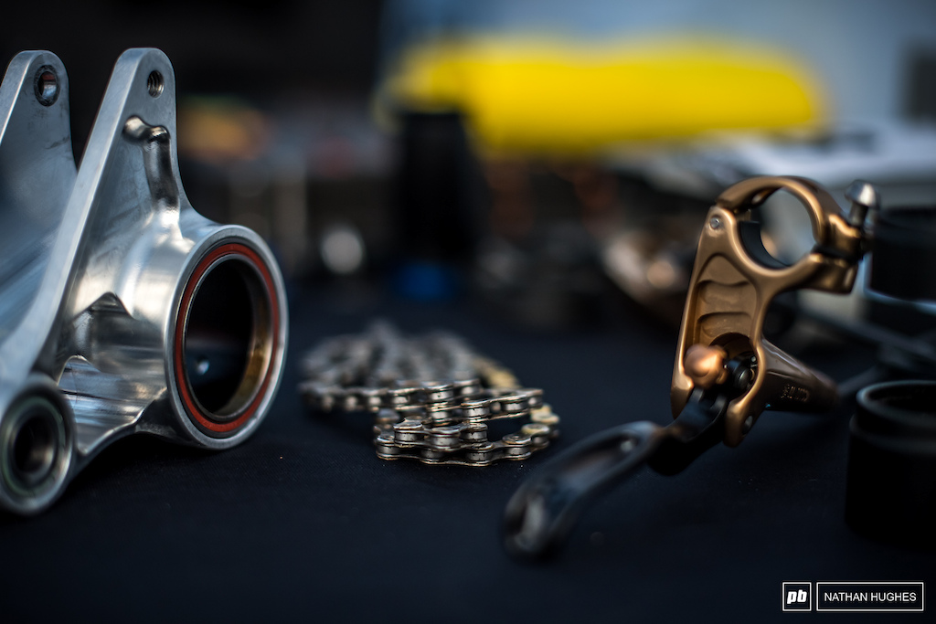 TRP brakes and a prototype linkage at the Intense pit.