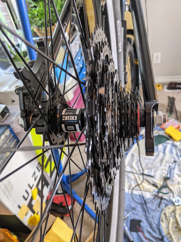 DTswiss 350 Hybrid 12 x 142 with 10 x 135 end caps and 12mm to 10mm step down bolt on axle.
