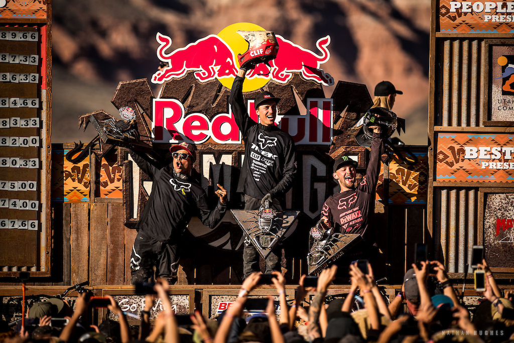 A full Fox podium of Rheeder, Lacondeguy and Nell, doing the business here at the 13th Rampage.