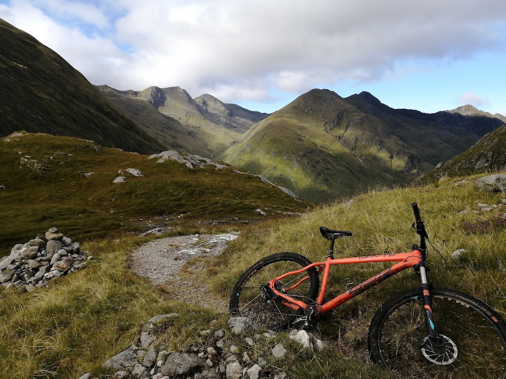 At the top of the climb out of Gleann Lichd (if riding anti-clockwise). This climb is also good in descent. Five Sisters of Kintail ridge in the background.