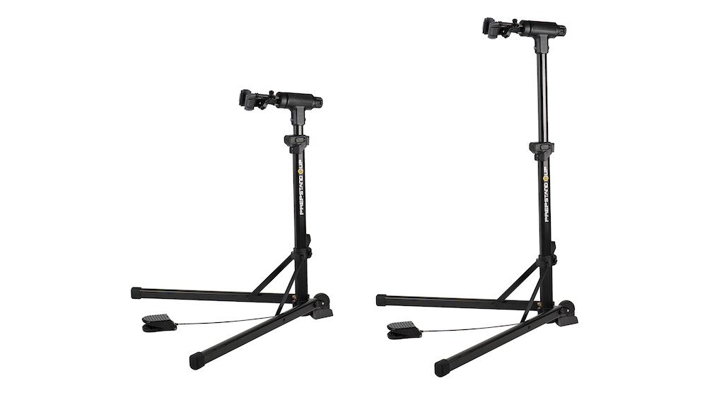 Claimed to be the world s first lift-assisted foldable work stand the Topeak Prepstand eUp features a foot-pedal-operated gas lift cartridge. It s intended to provide 17 kg 37 lb of lifting and lowering assistance for when working with e-bikes and other heavy things. In a sense you can think of it as a massive dropper seatpost that instead of holding a saddle holds a bike. The stand itself is said to weigh 12 kg and has a maximum listed load rating of 35 kg 77 lb . Don t want to lift your own bike This stand will provide that privilege for US 950.