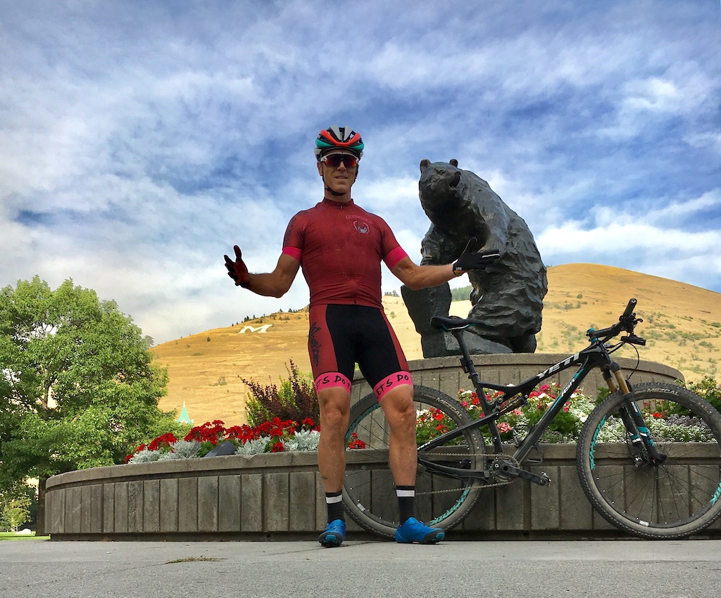 Finished the Sheep Mountain Loop with a photo on the University of Montana campus in Missoula, my hometown. The "M" in the background on Mt. Sentinel (now called "University Mountain") with my 2016 customized Yeti ASRc I raced at the 2017 Butte 100 Mountain Bike Race back then.