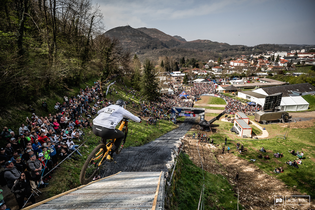 Thibaut Laly of the Pinkbike Race Team rockting into the finish area.