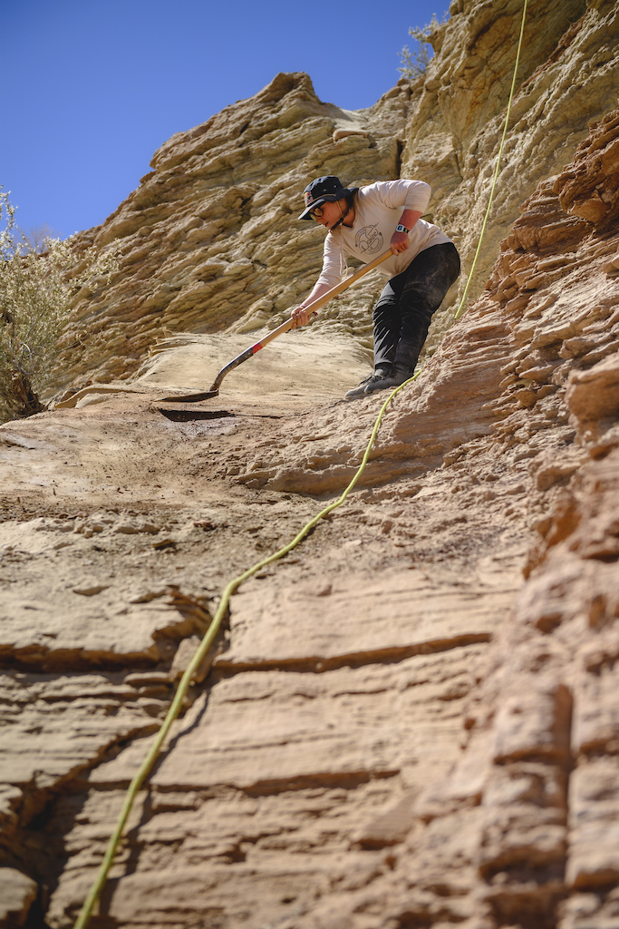 Hannah Bergemann shapes the landing on an entrance feature at Red Bull Formation in Virgin Utah USA on 12 May 2022