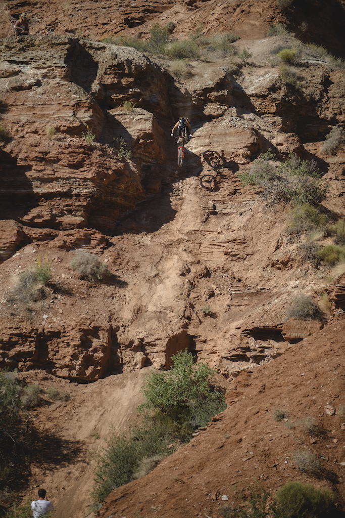 Cami Noguiera does a test run of her double drop feature at Red Bull Formation in Virgin Utah USA on 12 May 2022