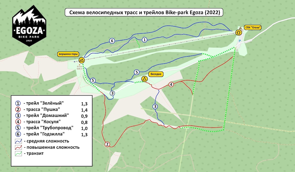 Схема трасс байк парка Егоза на начало сезона 2022