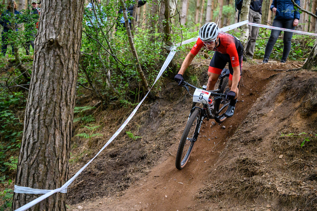 Rory McGuire taking the A-Line in the infamous Bomb-hole section of the Cannock Chase course