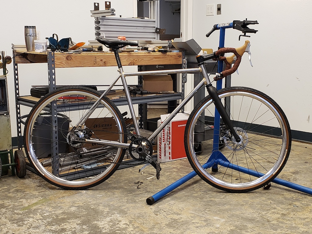 Here's something you don't see every day... A hand built steel gravel bike with a gearhub and a belt drive. 6 weeks ago this was a pile of steel tubes and an idea. I love building bikes :)