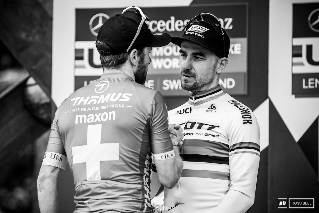 There was another lengthy exchange between Mathias Fluckiger and Nino Schurter on the podium, this time a little less heated but still frosty.