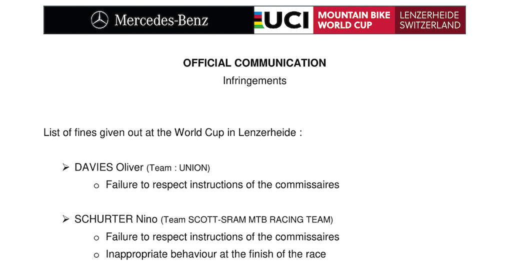 Nino Schurter Receives Penalty Fine at the Lenzerheide XC World