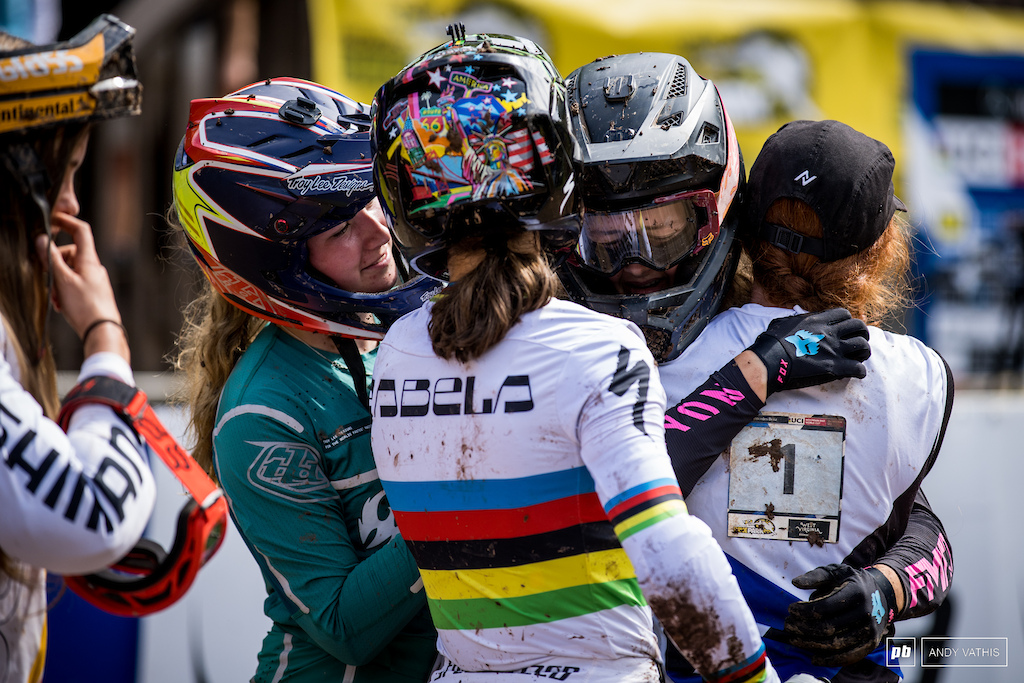 The girls comforting Phoebe Gale after a crash took her out of contention.