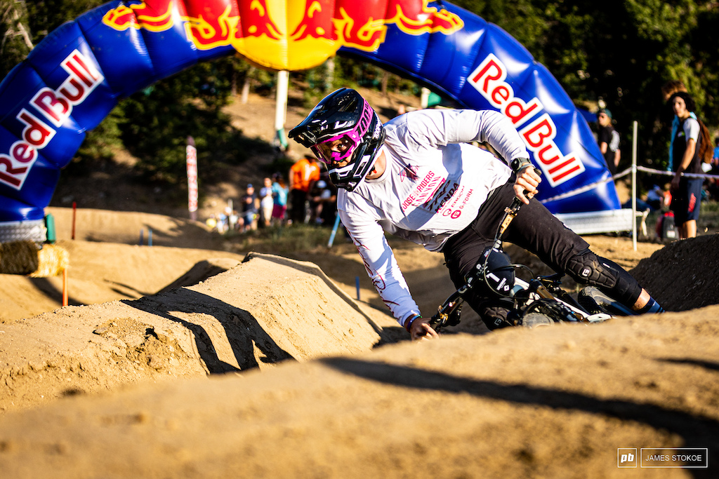 Luca Cometti with all the faith in the world while blasting through the massive berms.