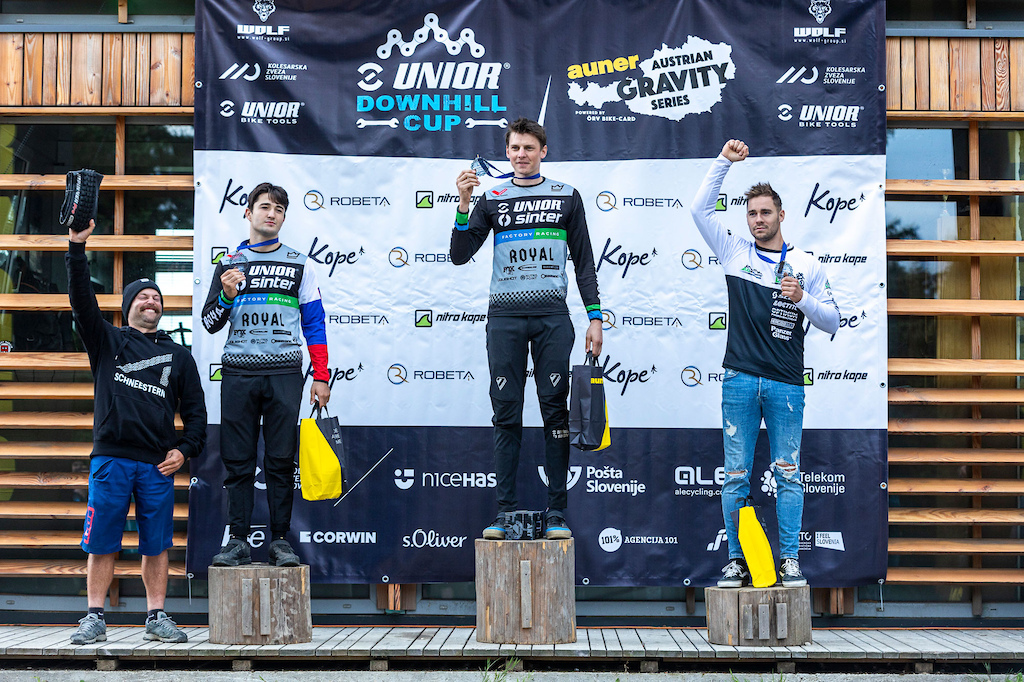 Men's elite podium at Downhill Kope in Bike park Kope, Slovenia, a round of Unior Downhill Cup and Auner Austrian Gravity Series. Photo by fskugi.com