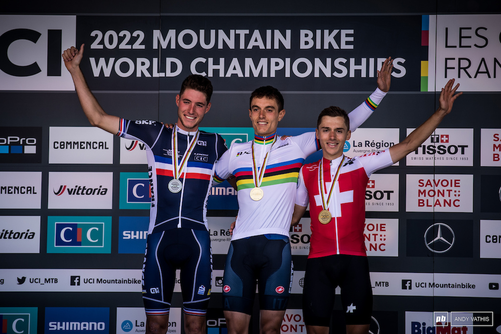 U23 men's podium - Simone Avondetto, Mathis Azzaro, and Luca Schatti