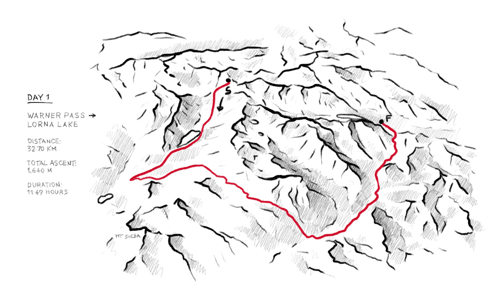 Map overviewing day 1 of a three-day adventure through the Chilcotin Mountain Ranges.