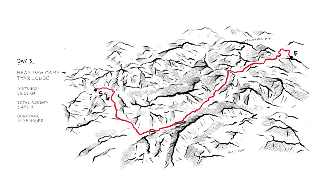 Map overviewing day 3 of a three-day adventure through the Chilcotin Mountain Ranges.