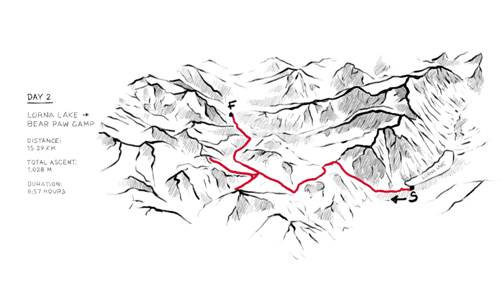 Map overviewing day 2 of a three-day adventure through the Chilcotin Mountain Ranges.