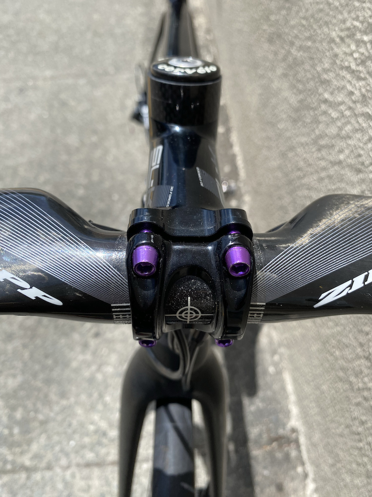 My 2018 Cervélo R3/Disk_FSA/SLK Carbon Fiber Stem. Purple and Black are my favorite colors, so I couldn't resist adding a little "bling" with the Purple anodized Alloy bolts.  Having said that, it is awful, just how fast metal rusts in the Philippines. So many of the bolts were replaced with Anodized ALlloy or Ti hardware.
