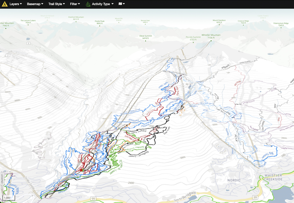 3D map of Whistler on Trailforks