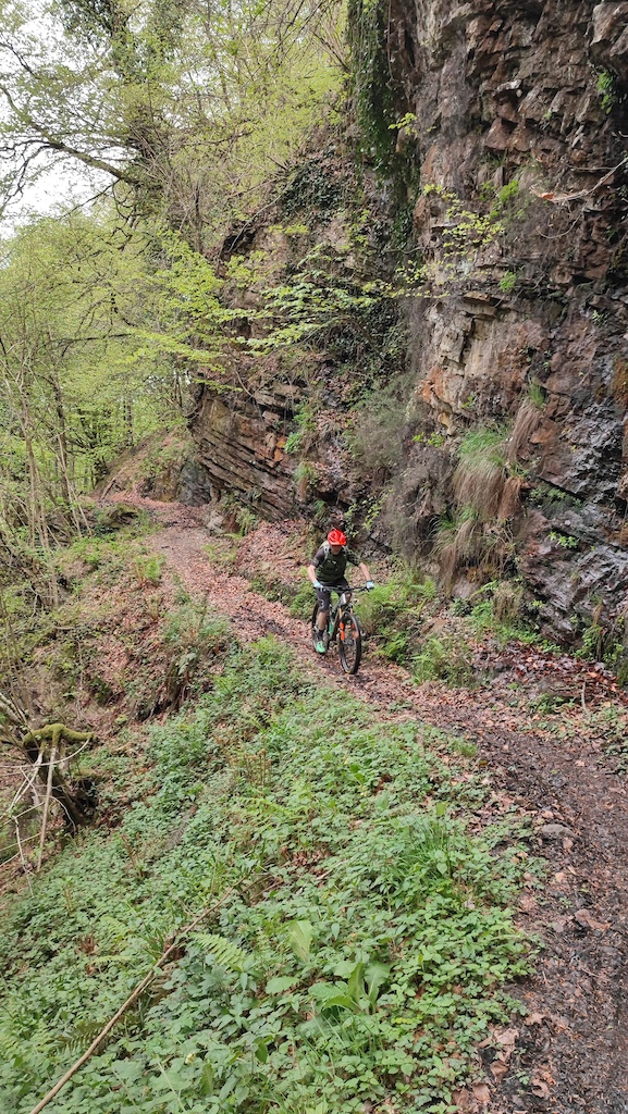 A mountain biker riding through a forested canyon with tall rocky cliffs and moss-covered stone walls.