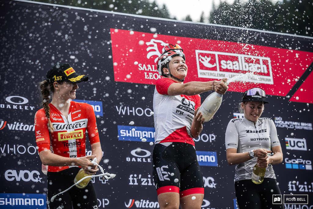 A familiar feeling for Ronja Blöchlinger who is getting used to spraying the U23 XCC champagne.