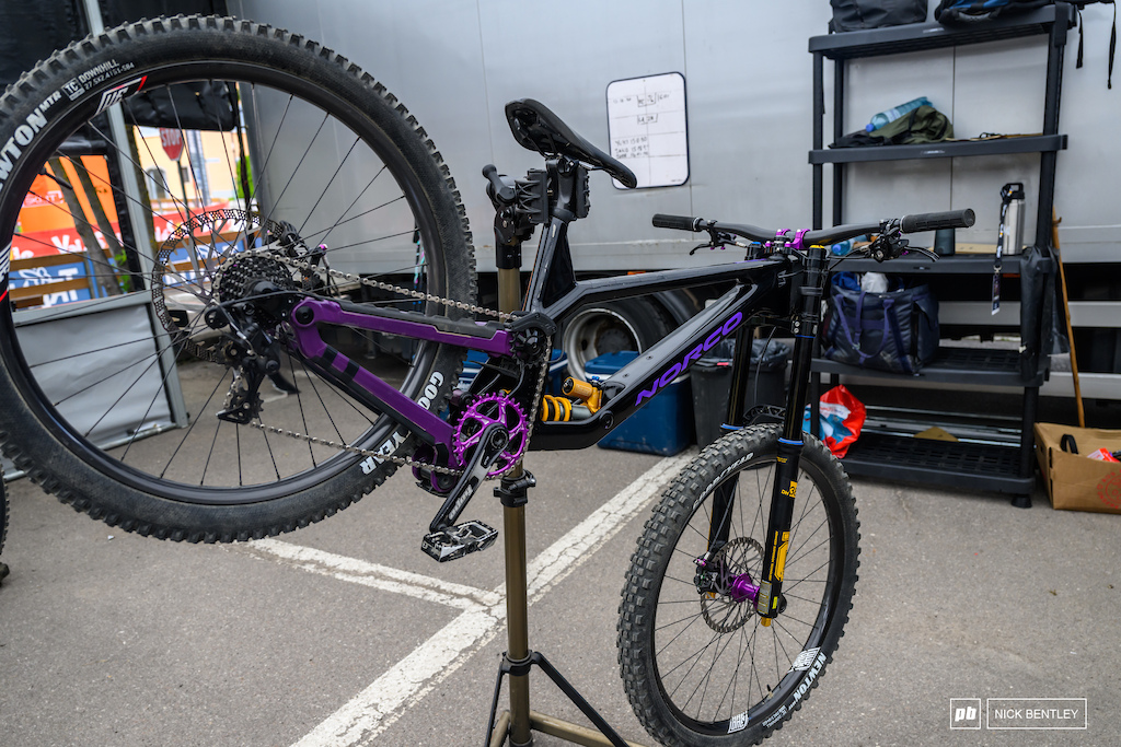 Team High Country's Norcos are one of the more colourful bikes in the Pits.