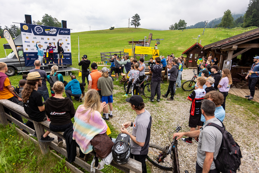 Award ceremony at DH Peca/Petzen, round one of 20chocolate Downhill Cup (Slovenia) and round two of auner Austrian Gravity Series (Austria) in MTB Zone Bikepark Petzen. Photo by Friedrich Simon Kugi