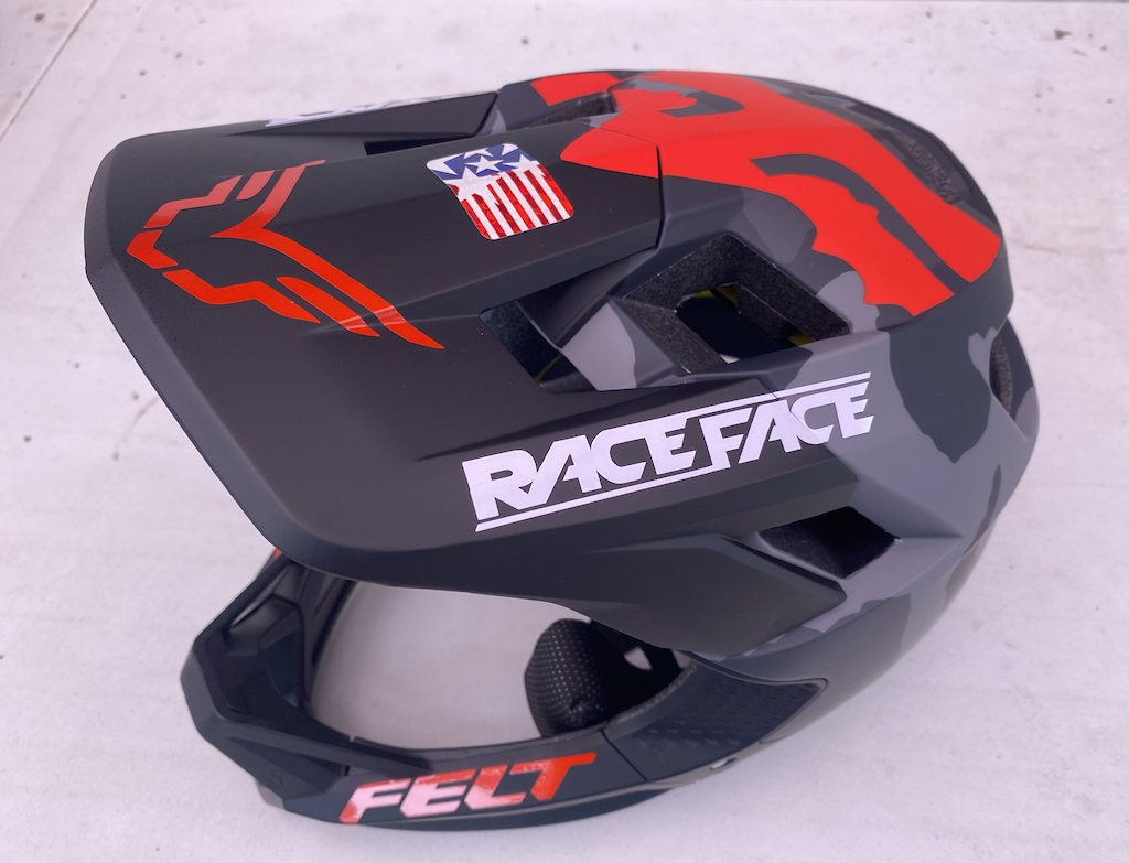 I am calling this my FELT "Team Issue" Fox Proframe Helmet. It came with the red FOX logo, so I added FELT lettering on the chin bars, and the FELT Logo in the visor.