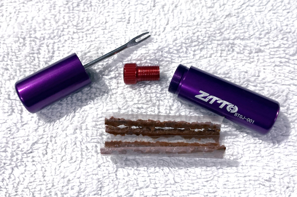 The ZTTO Bicycle Tubeless Tire Fast Repair Kit. I added the Presta/Schrader valve tool, to make sure that I can be compatible with any source of inflation.