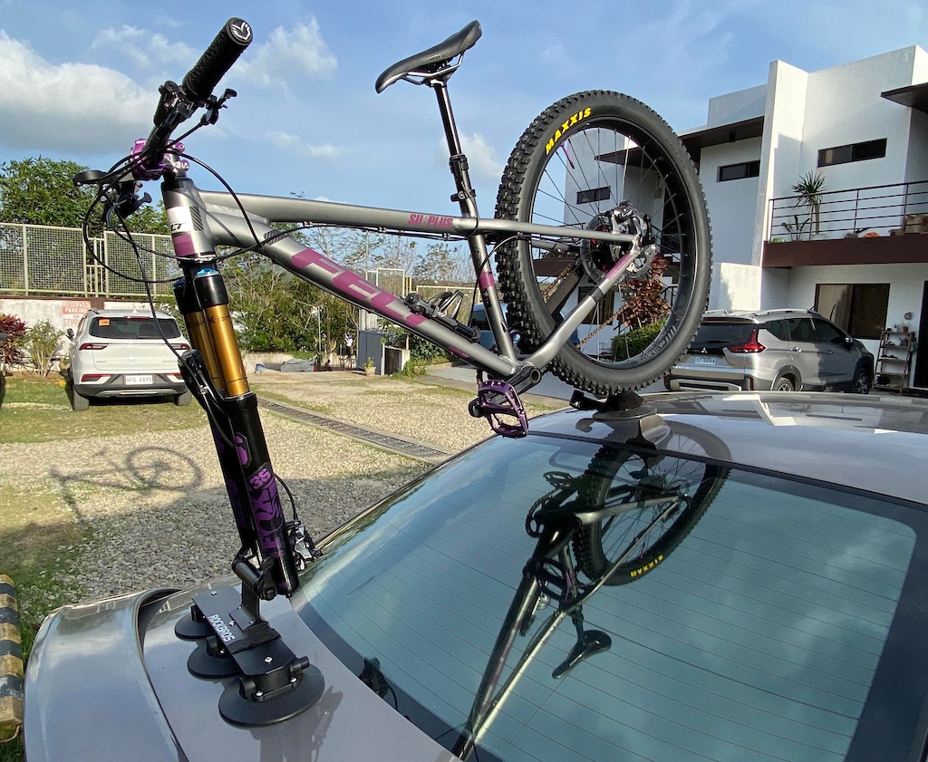 My-FELT-Surplus30-Plus - Upgrade -ROCKBROS “PORTABLE” Bike Rack for Car Roof Top. I mount my bikes "backward", as it is way easier to put the heavier front end on the truck, plus the three suction cups, are positioned on a flatter surface than on the roof of my BMW e46.
