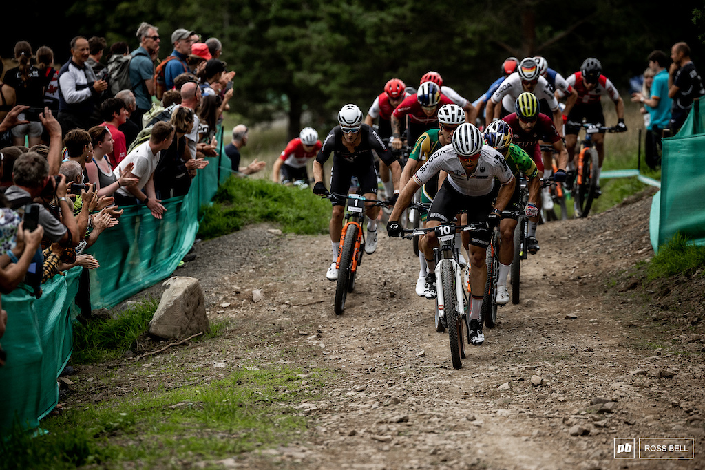Luca Schwarzbauer leads the pack up the climb early in the race.