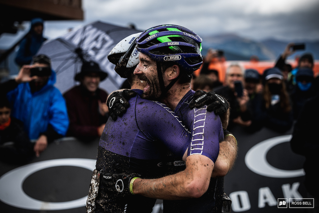 Teammates Thomas Griot and Luca Schwarzbauer congratulate each other on their podium performances.