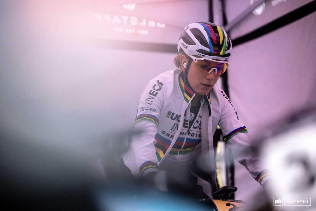 Pauline Ferrand Prevot warms up to the idea of going racing in near freezing temps.