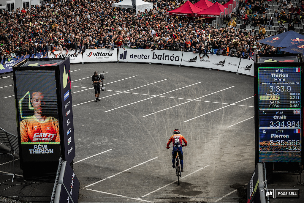 Remi Thirion crosses the line as he returns to the World Cup podium.