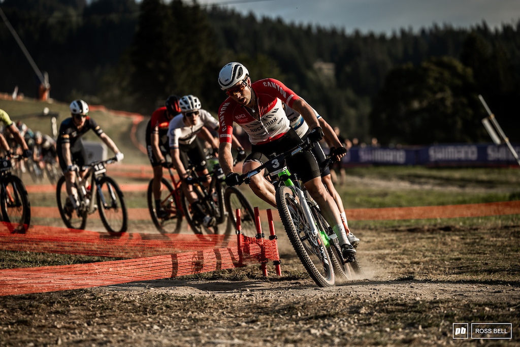 Luca Schwarzbauer taking his normal position at the front of the XCC pack.