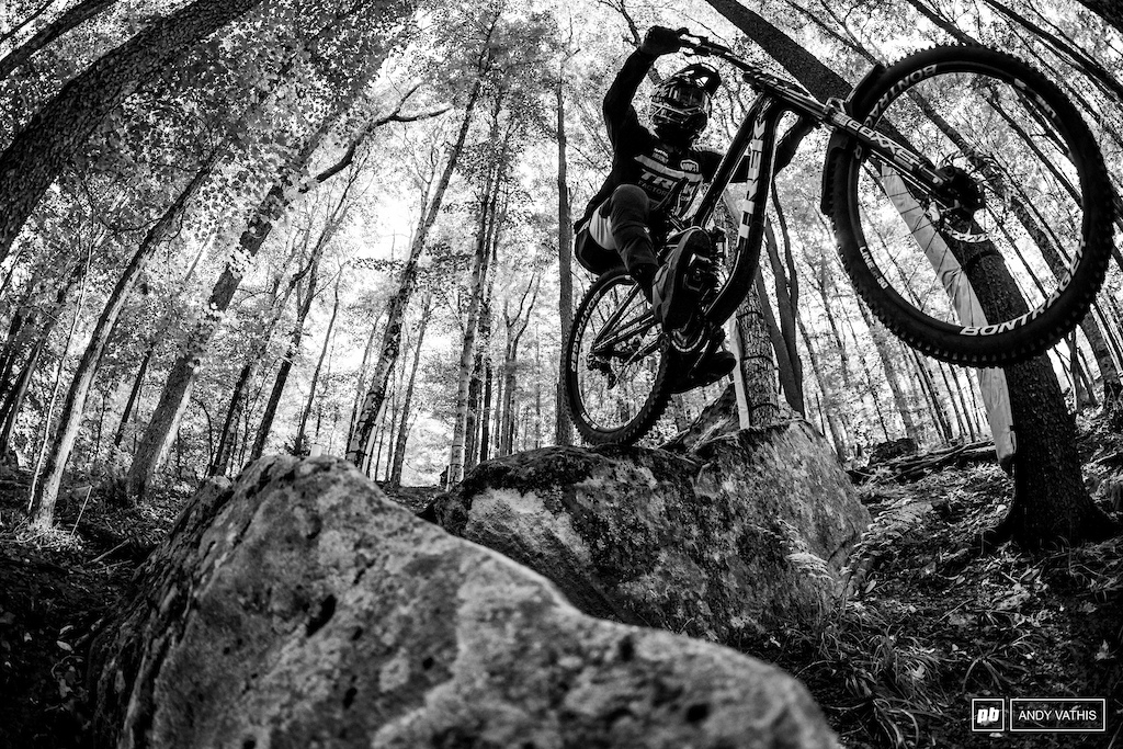 Loris Vergier charges the rocks under the West Virginian canopy.