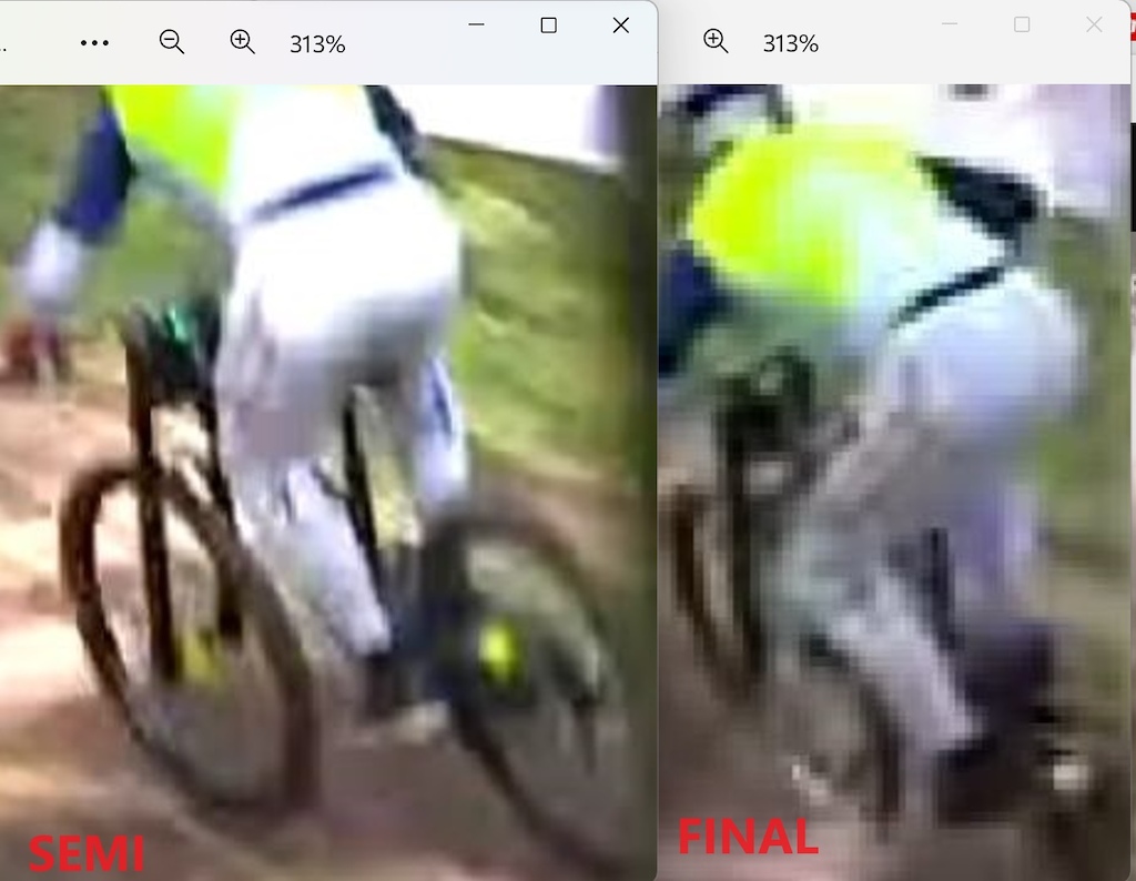 5 bike lengths before jumping tree.
less than 1/2 a wheel between framing of shot
bike pointing in slightly different direction.